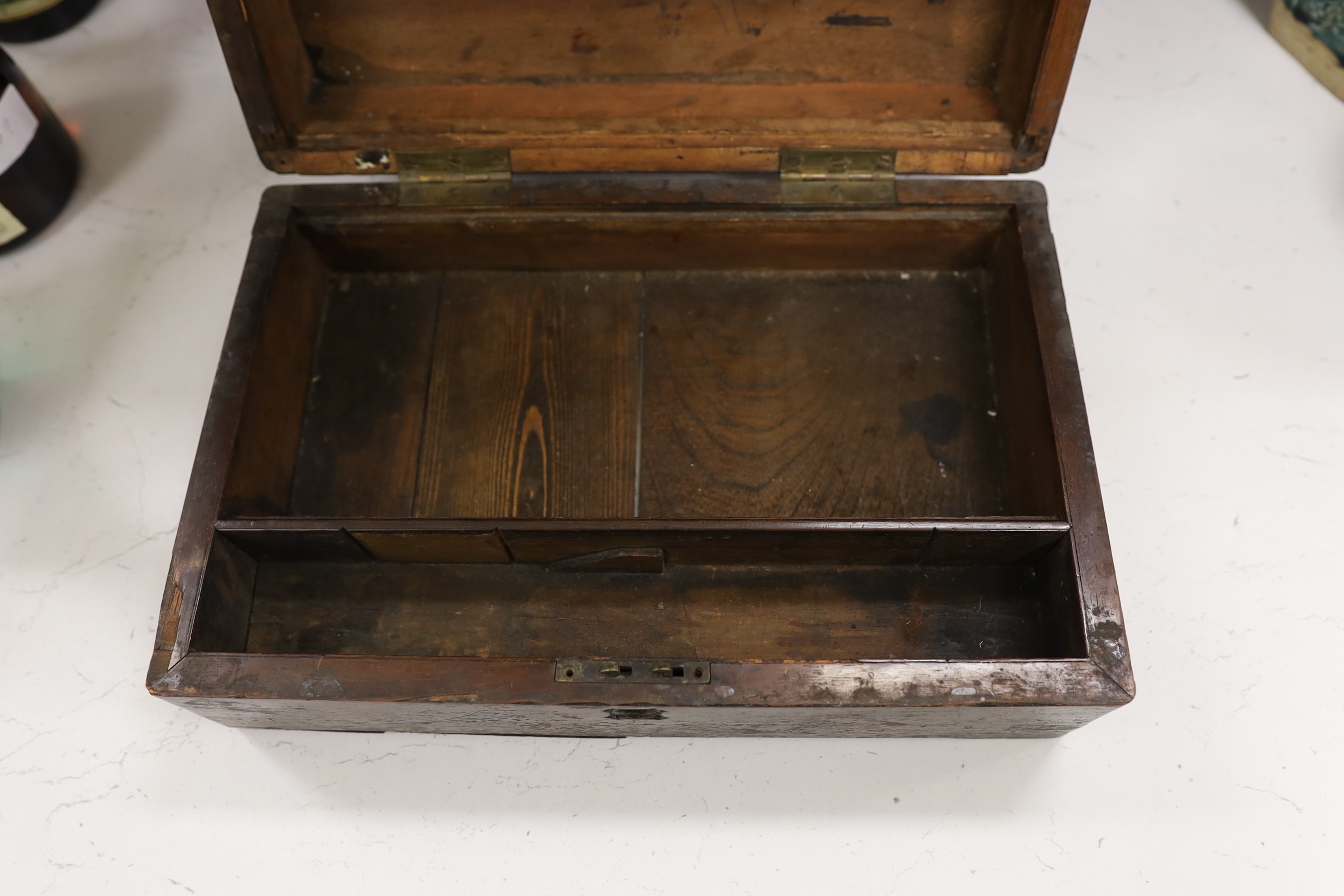 A brassbound box, a writing slope, a mantle clock, 37.5cm tall, and a bust of Nefertiti